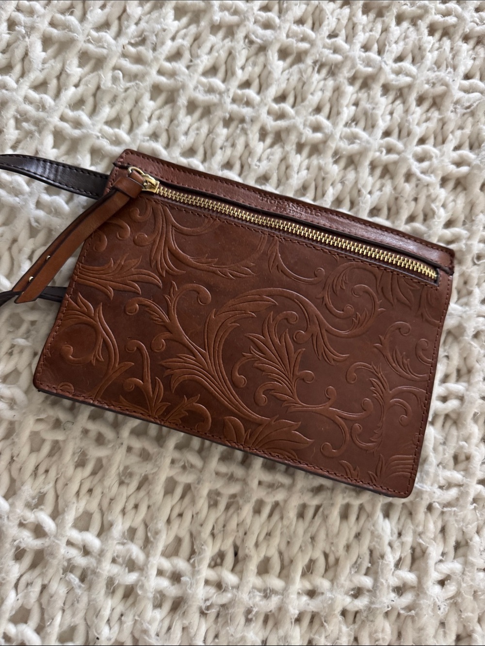 Embossed Brown Leather Wristlet Bag